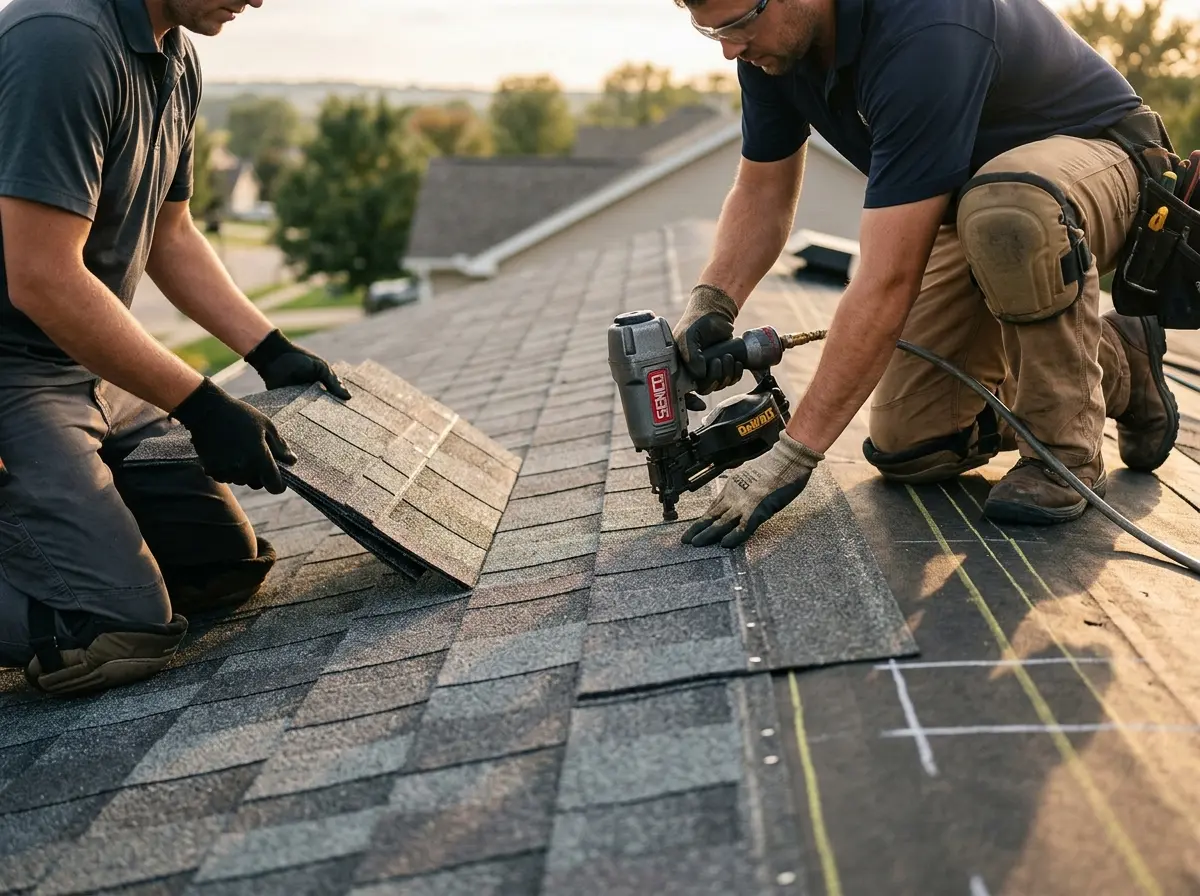 Professional roofer working on a residential roof in Aquia Harbour